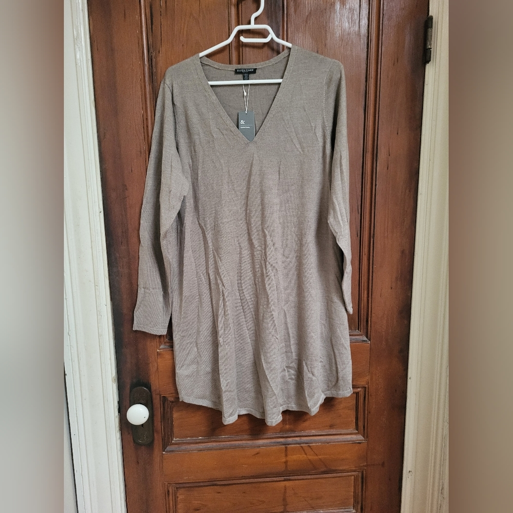 Eileen Fisher 100% Merino V-neck Sweater Taupe 1x or 16, NWT